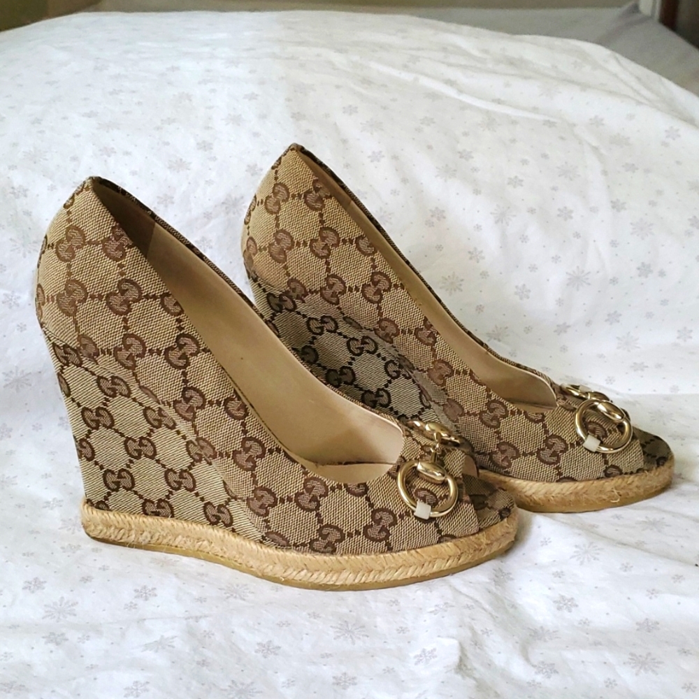 Used, tan, Gucci platform heels.